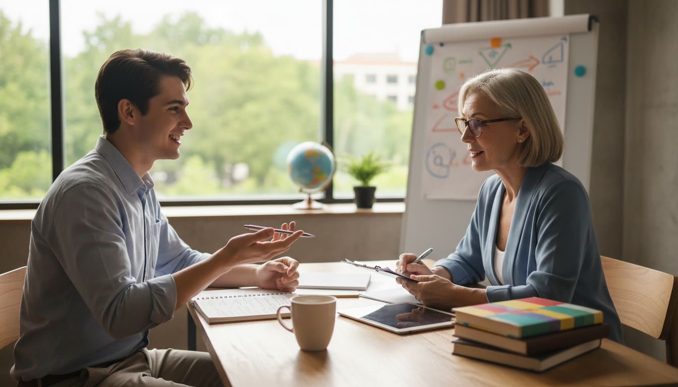 Photo Idea : a student practicing a mock interview with a tutor and taking notes
