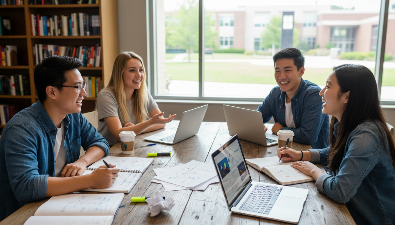 Photo Idea : A small group of students in discussion around a table, annotated notes and laptops open, mid-conversation