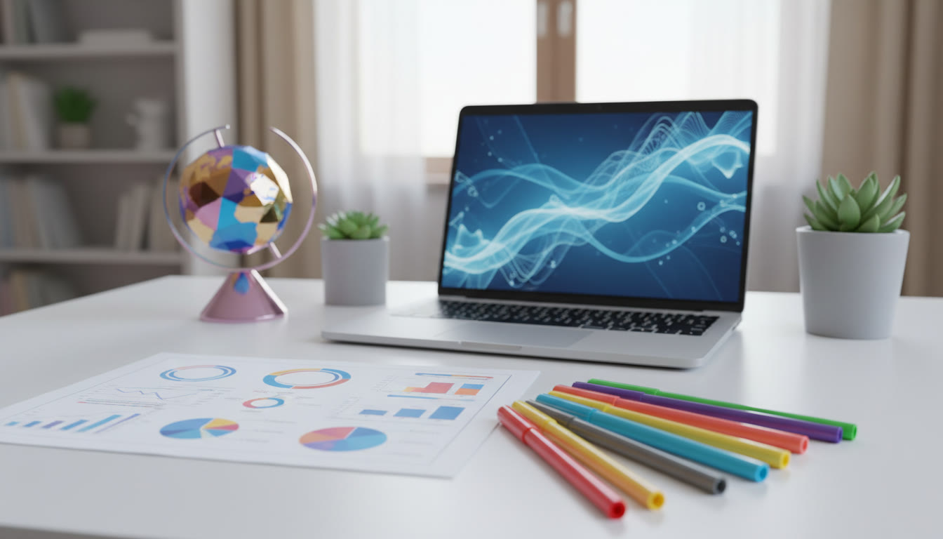 Photo Idea : A neat desktop with a printed one-page student summary, colored pens, and a laptop