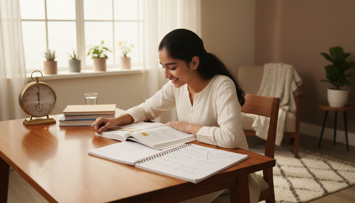 Photo Idea : A focused student at a study table with open textbooks, a notebook showing solved examples, and a clock indicating timed practice