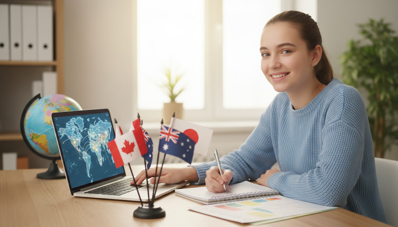 Photo Idea : Student at a desk with open laptop and notebook, planning a university shortlist with flags from different countries