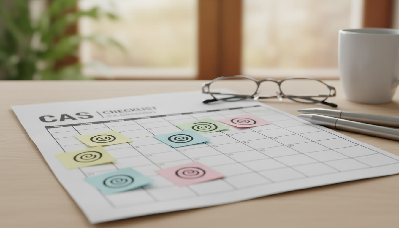Photo Idea : Close-up of a printed CAS checklist and calendar with sticky notes marking supervisor sign-off dates