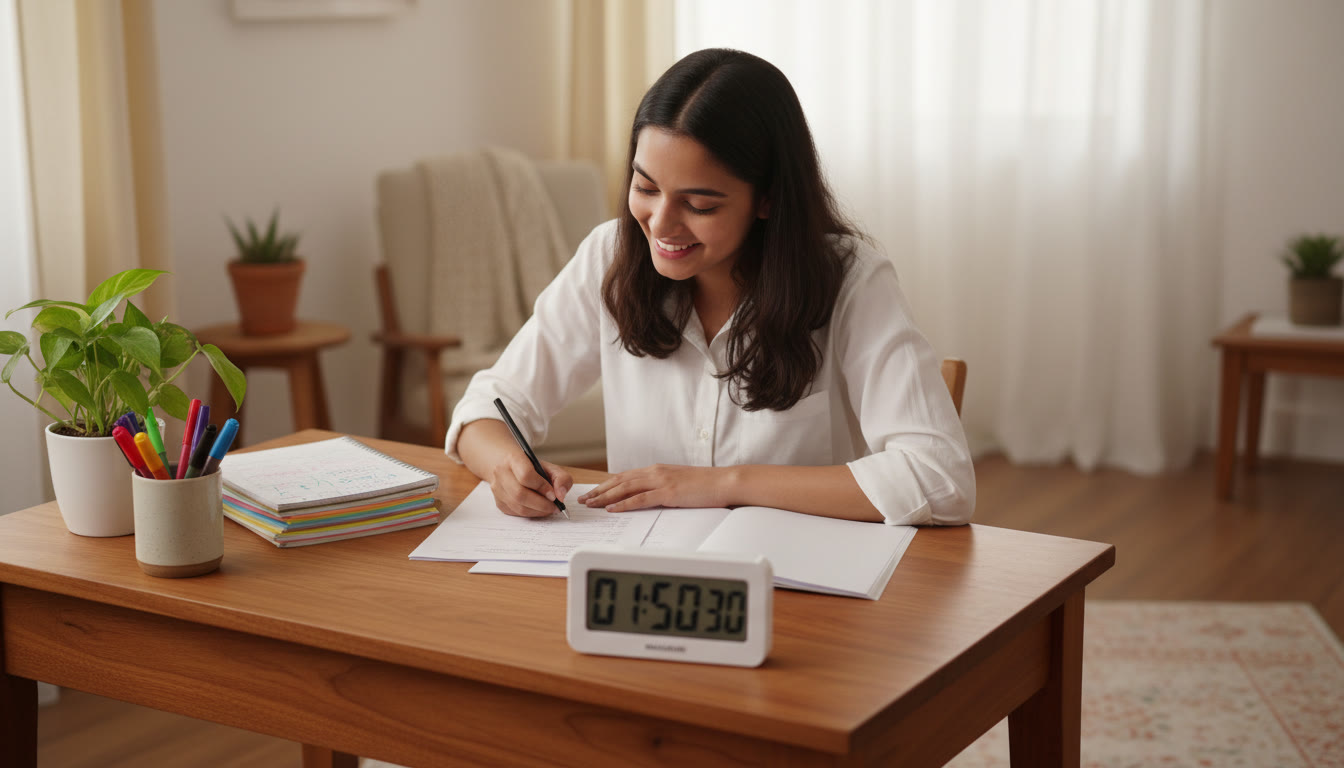 Photo Idea : a student using a timer while practicing a mock NEET paper at a desk, notes and colored pens nearby