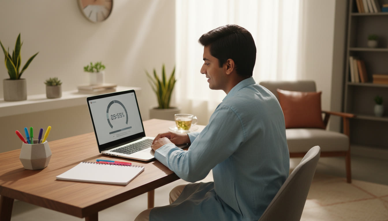 Photo Idea : focused student practicing a full-length mock test on a laptop with a visible countdown timer and stationery beside them