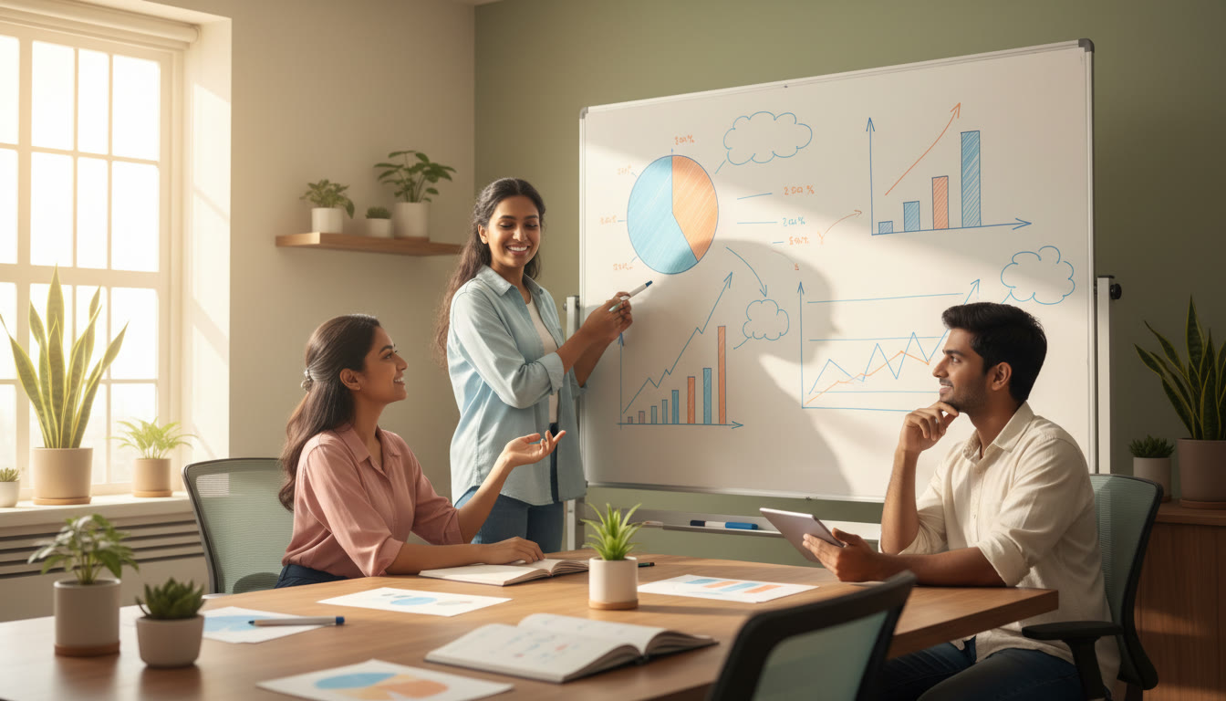 Photo Idea : Small group of students analyzing mock test performance on a whiteboard with charts and notes