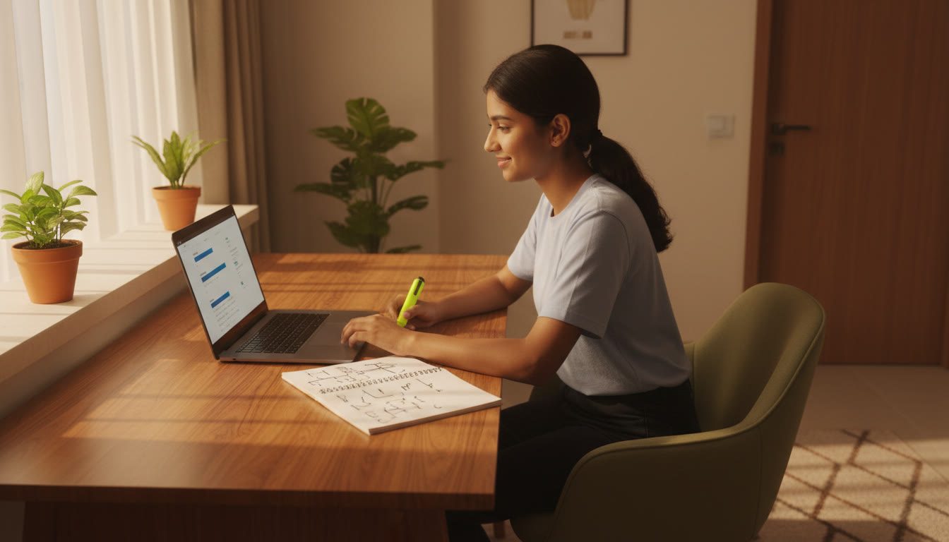 Photo Idea : a calm student practicing a timed mock test at a laptop with a notepad of quick strategies