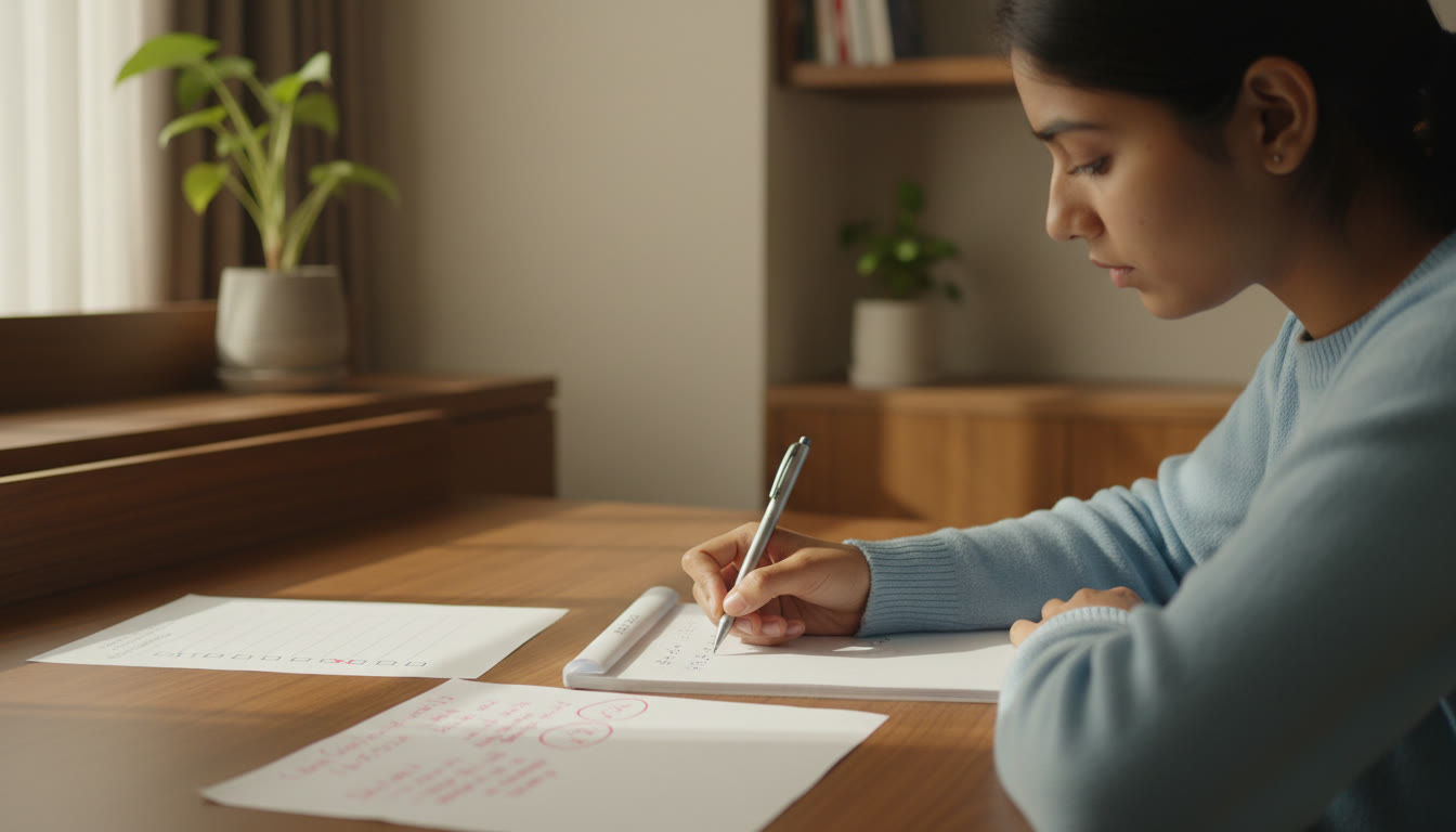 Photo Idea : Close-up of a student writing equations with a checklist and correction marks nearby