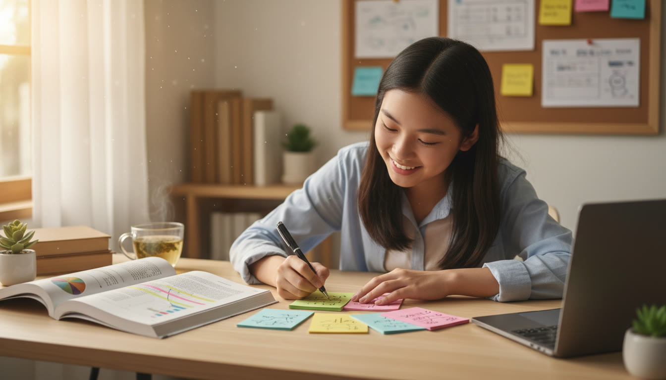 Photo Idea : A focused IB Psychology student annotating colorful flashcards and a research article at a tidy study desk