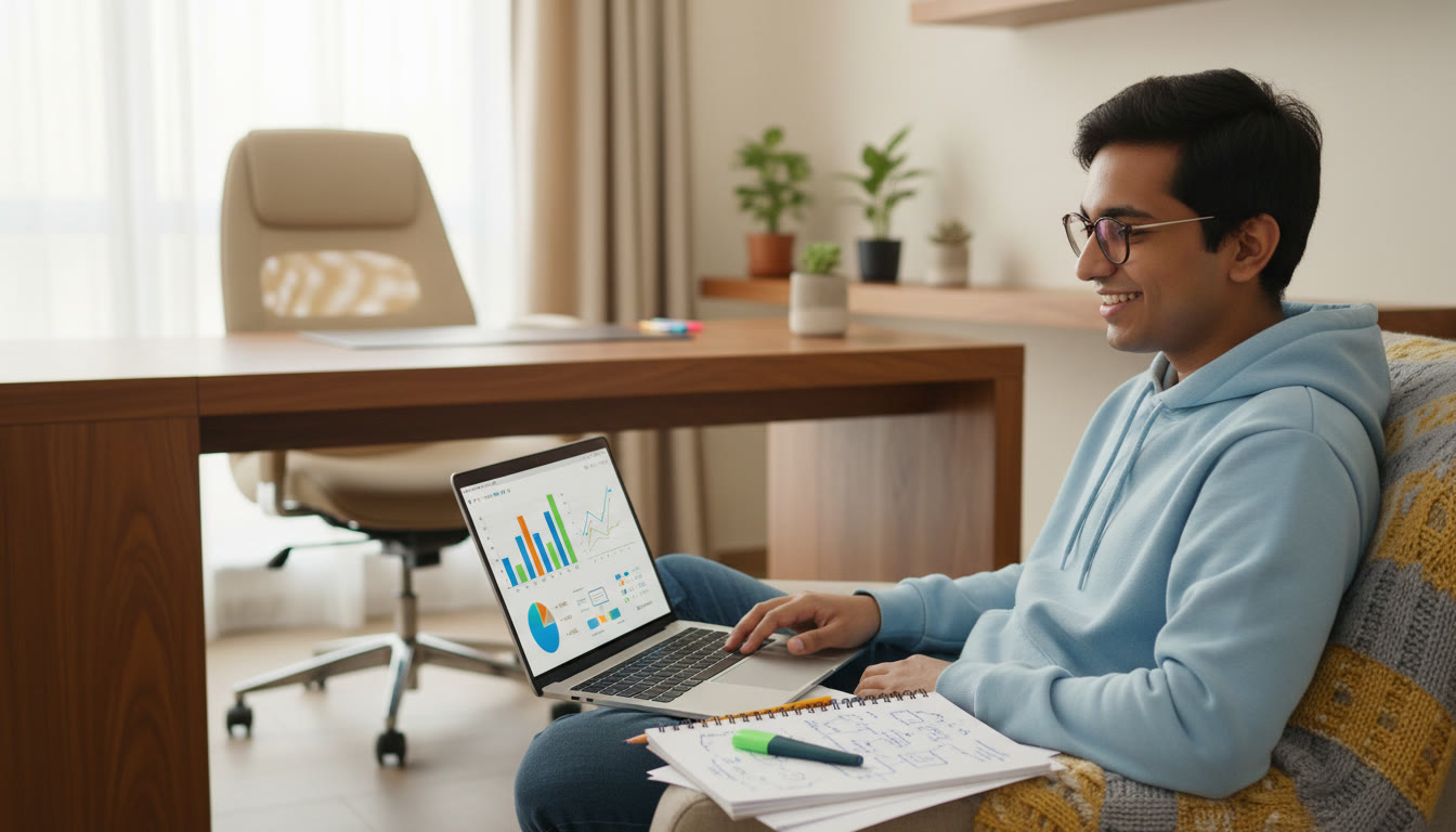 Photo Idea : A student analyzing test performance on a laptop with charts and handwritten error logs beside the keyboard