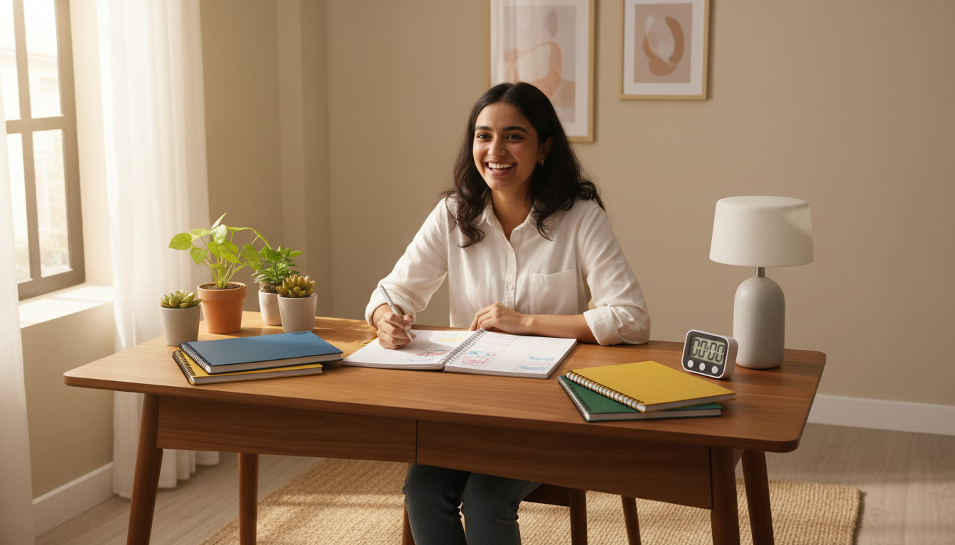 Photo Idea : Student at a tidy study desk with ISC notebooks, a timer, and a notebook open for planning