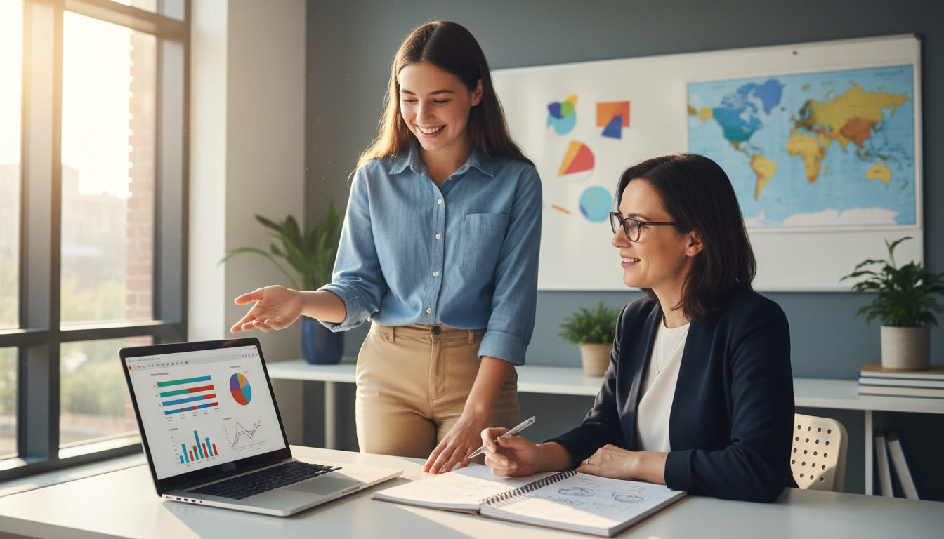 Photo Idea : Student presenting a CAS project proposal to a CAS coordinator, with a notebook and laptop open