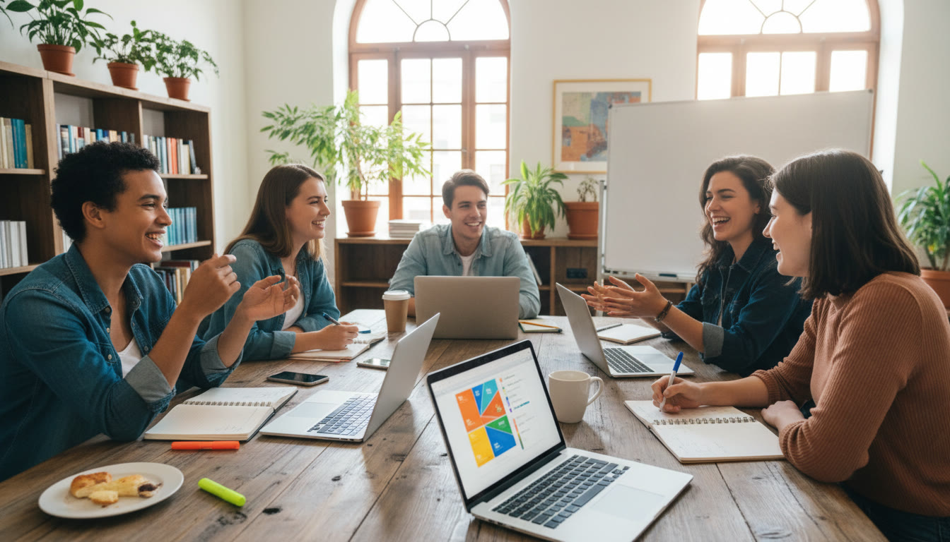 Photo Idea : Students planning a community project around a table with notebooks and laptops