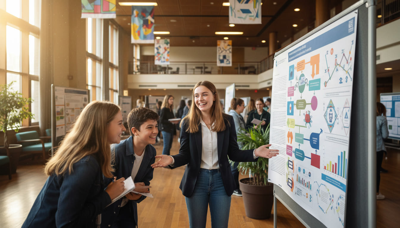 Photo Idea : Student presenting a research poster to peers at a school exhibition