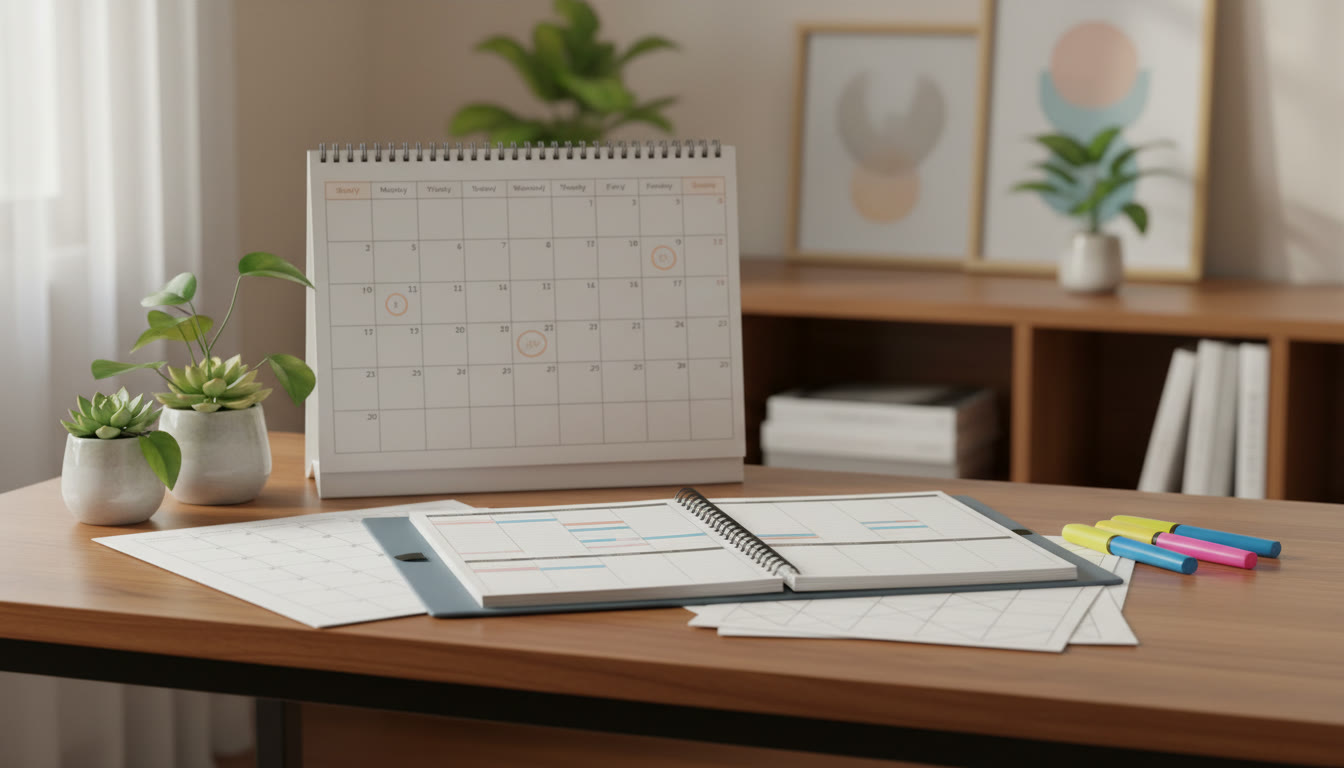 Photo Idea : A study planner laid out on a table with a calendar, sample paper, and highlighters