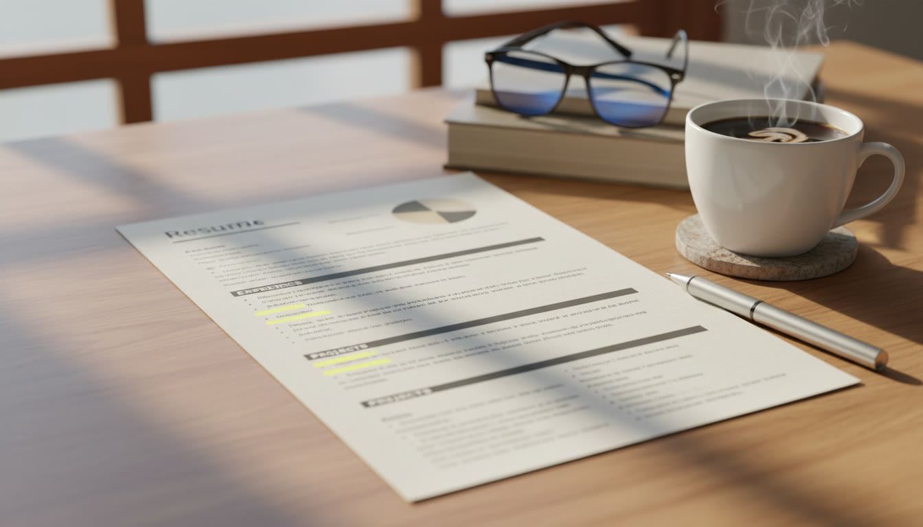 Photo Idea : a neat one-page student resume with highlighted bullets and a cup of coffee nearby