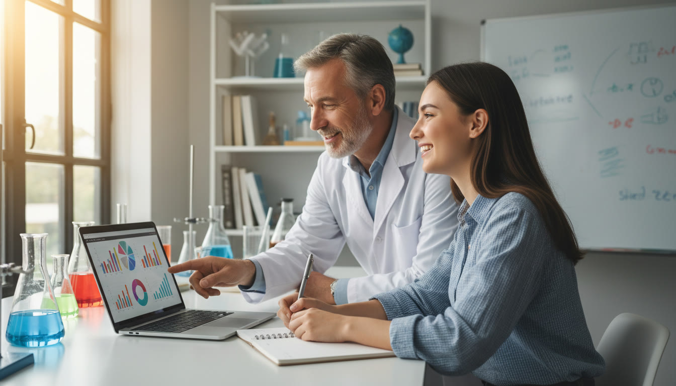Photo Idea : Student in a lab notebook and laptop, smiling, with a mentor pointing at data