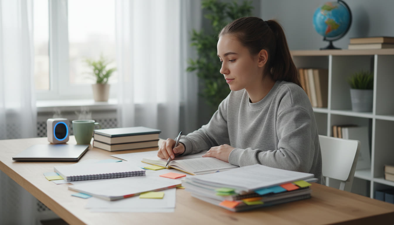 Photo Idea : Student at a tidy desk with color-coded notes, a compact timer, and a calm expression