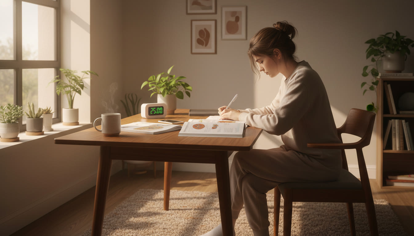 Photo Idea : A focused student at a desk with open biology notes, a timer, and a quiet morning light
