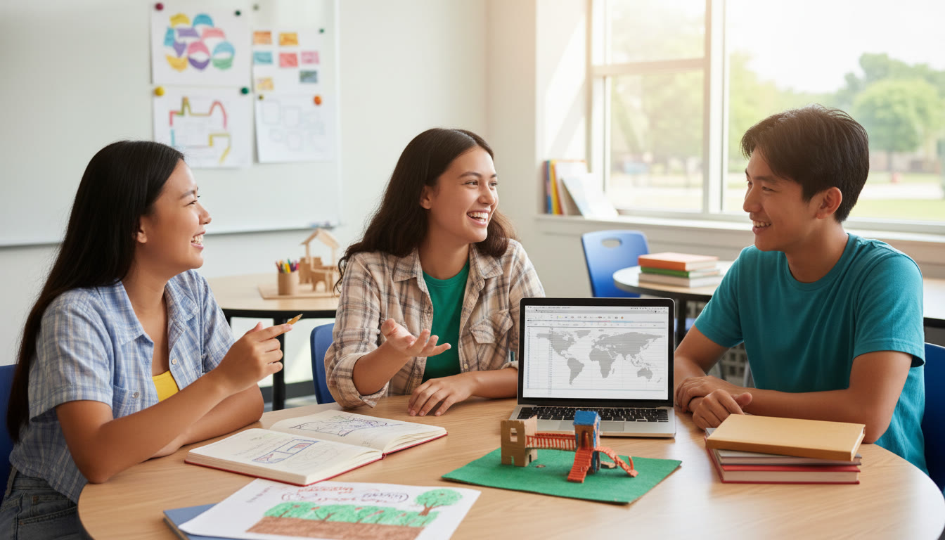 Photo Idea : Small group of students in a classroom discussing their CAS project around a table