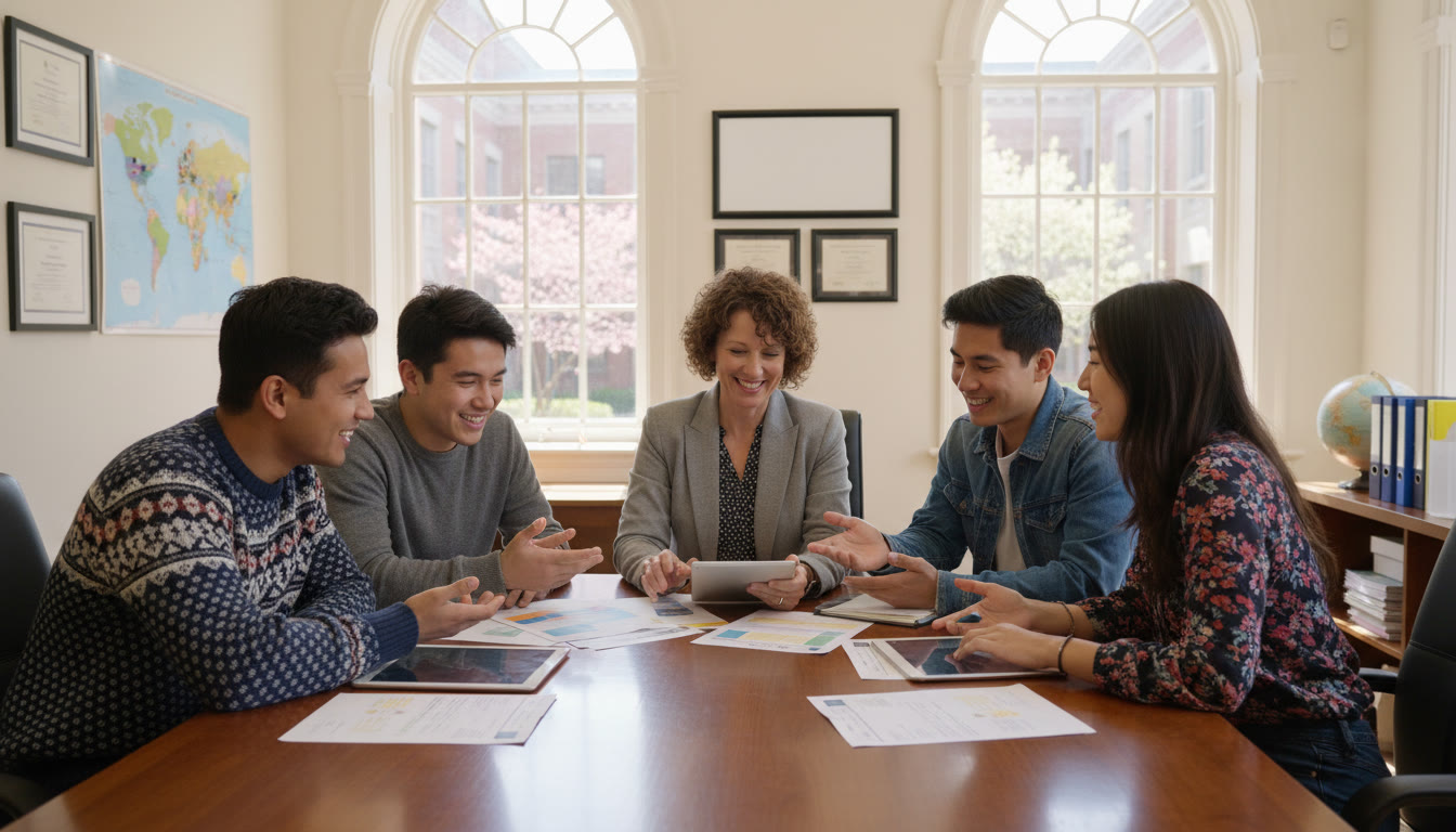 Photo Idea : A small group of international students reviewing paperwork with a counselor at a university admissions office
