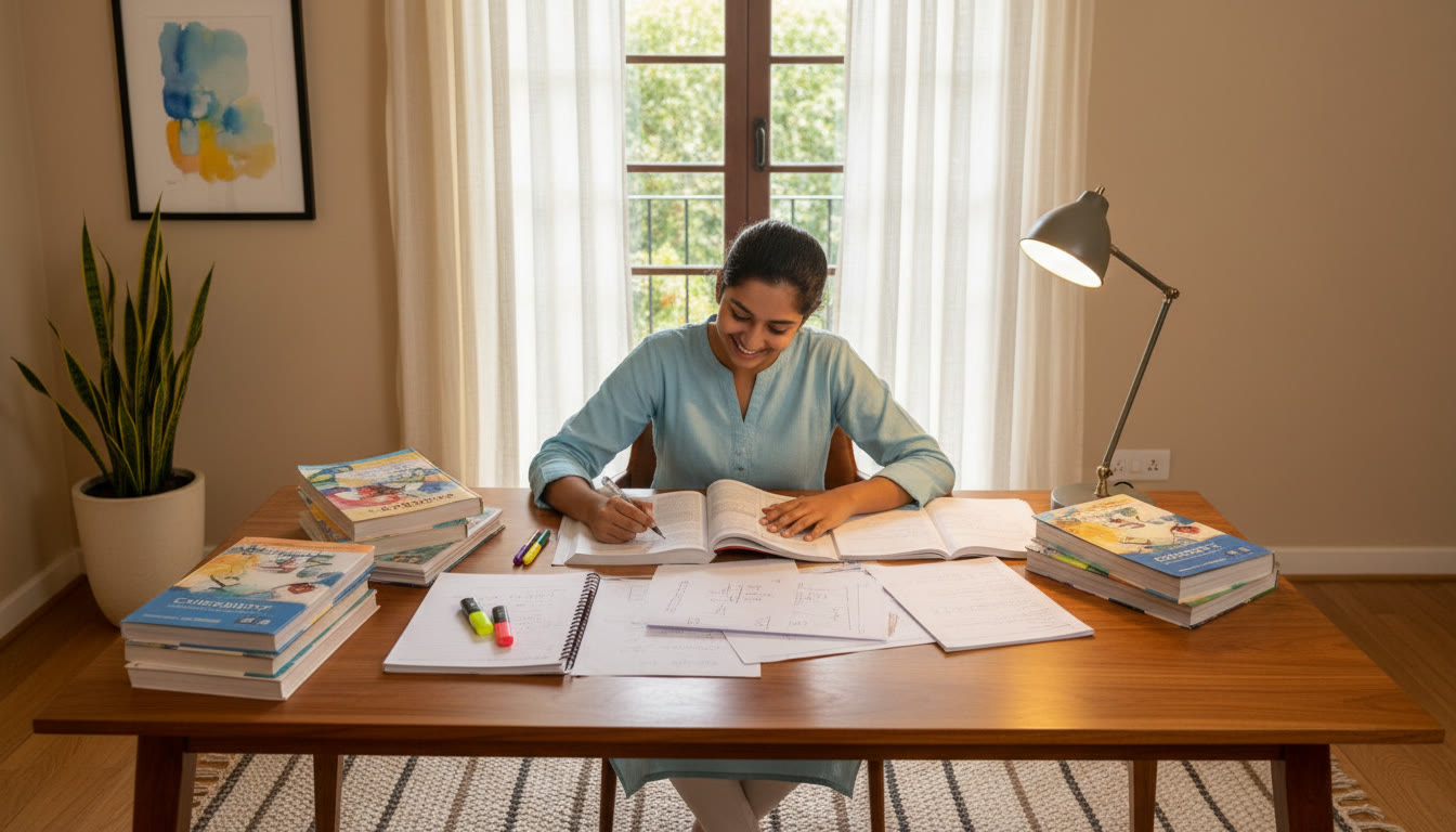 Photo Idea : Focused Class 11 student at a desk surrounded by textbooks and notes