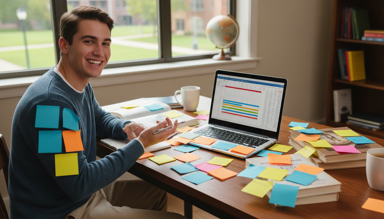 Photo Idea : A student at a desk surrounded by color-coded sticky notes and a laptop showing a progress spreadsheet