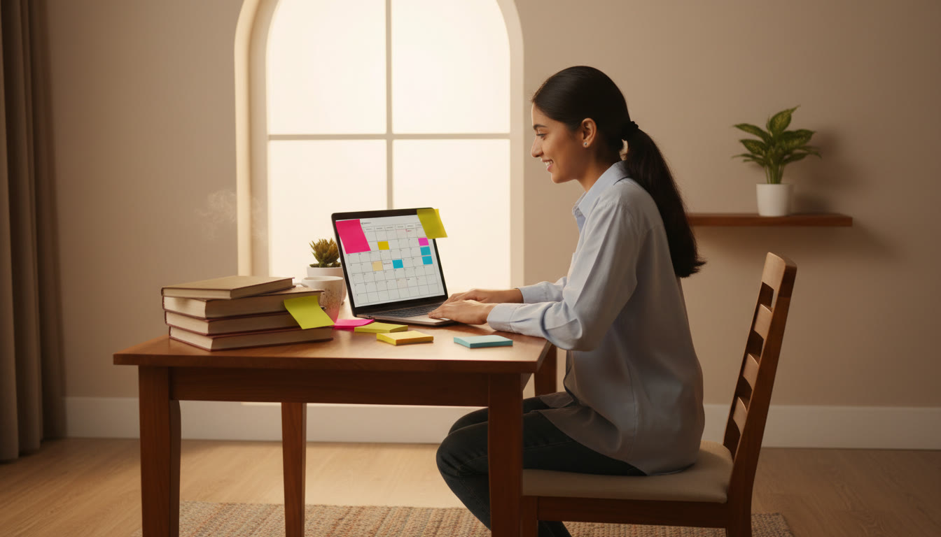 Photo Idea : A focused student at a tidy desk with ISC books, colorful sticky notes, and a laptop displaying a study plan