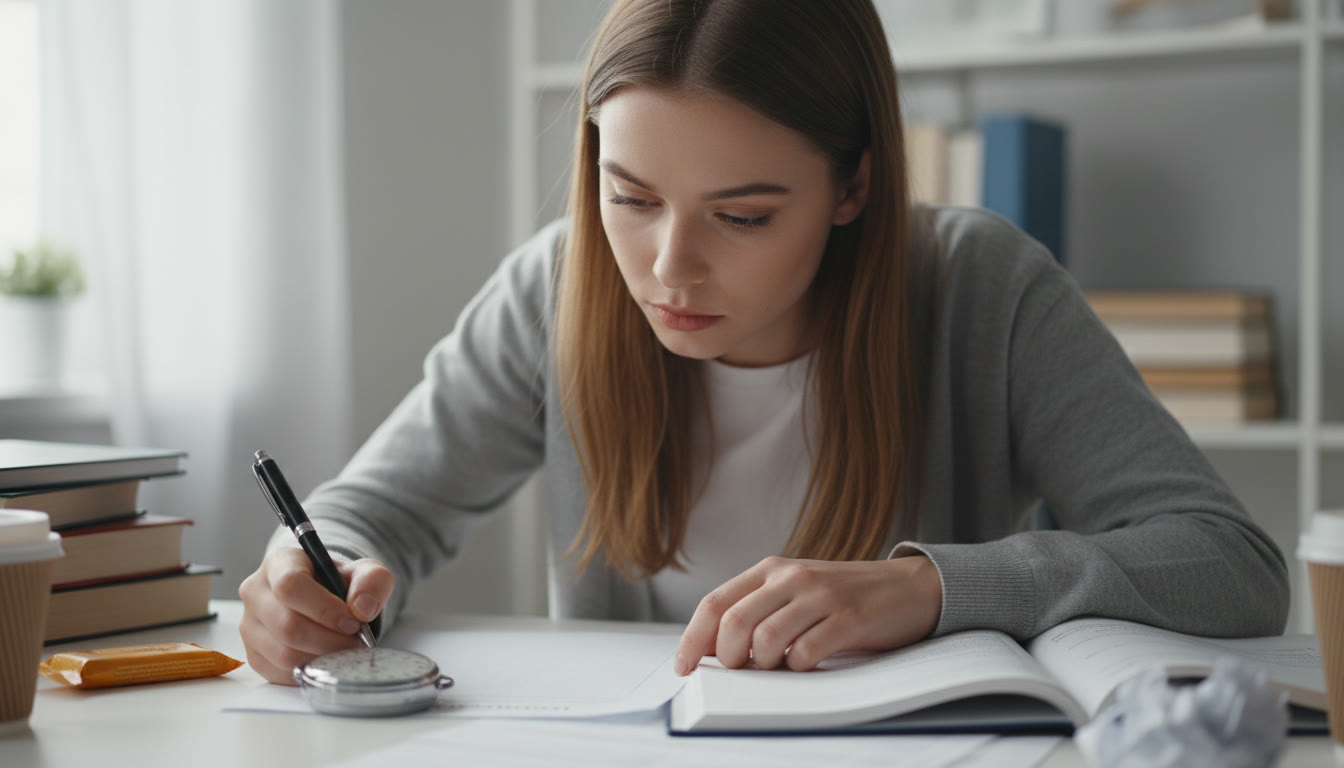 Photo Idea : A student in exam conditions with a stopwatch, a pen, and a focused expression