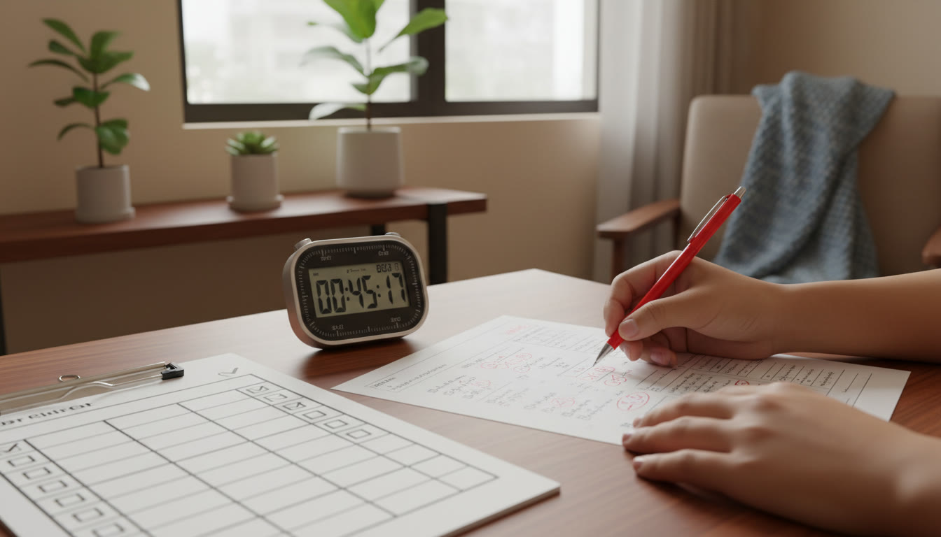 Photo Idea : Close-up of hands marking a practice paper with a checklist and a stopwatch nearby