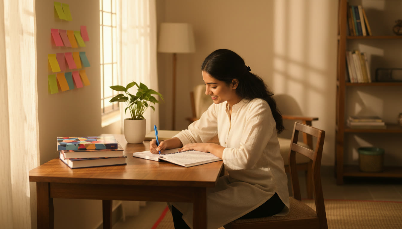 Photo Idea : A focused student writing in a colorful planner at a sunlit desk, with sticky notes and textbooks neatly arranged