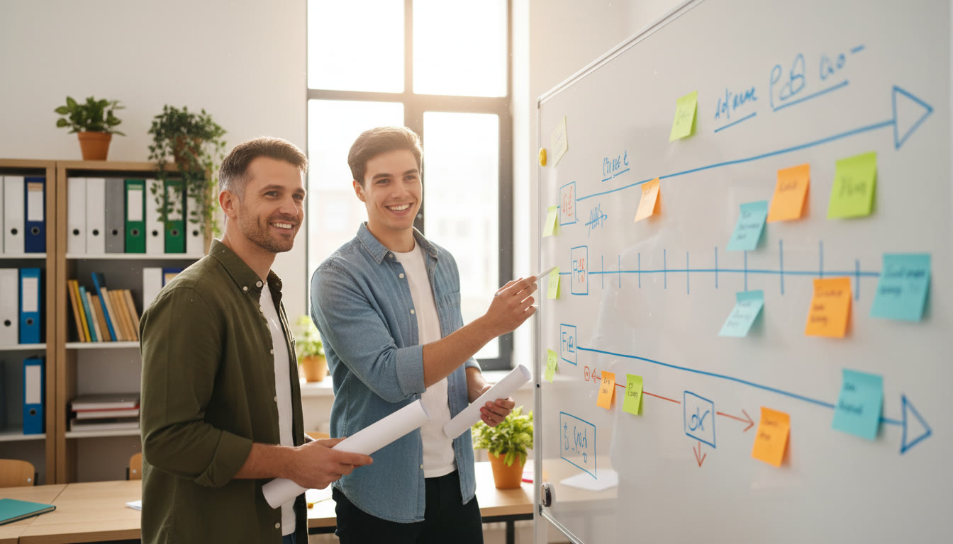 Photo Idea : Student and supervisor discussing a draft at a whiteboard with timelines and sticky notes.