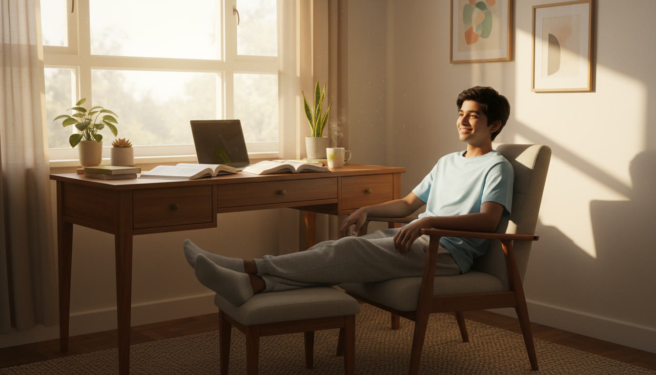 Photo Idea : A student at a window desk with textbooks and a laptop, relaxed posture, mid-afternoon light.