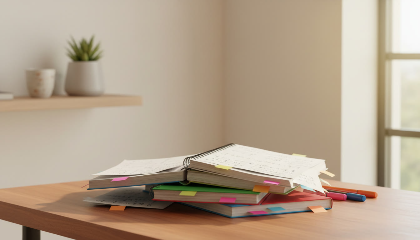 Photo Idea : A small pile of subject-wise notebooks with handwritten formula sheets and colored tabs