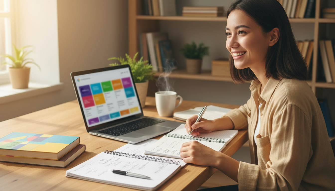 Photo Idea : A focused IB student at a study desk with notebooks, an open laptop showing course catalogs, and a planner