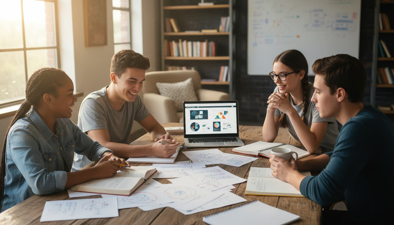Photo Idea : A small group of IB DP students around a wooden table, annotated notes, open notebooks and a laptop, deep in discussion
