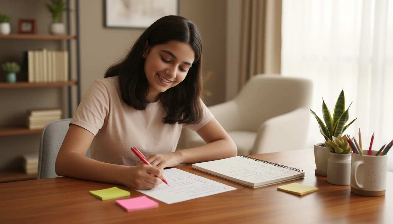 Photo Idea : A student marking a practice paper with notes and a checklist beside them