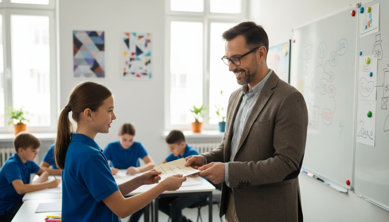 Photo Idea : Student handing a handwritten thank-you note to a smiling teacher in a classroom