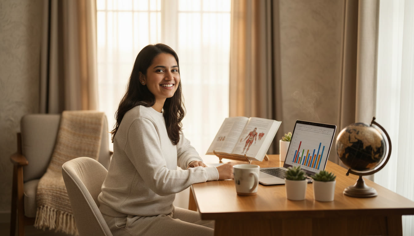 Photo Idea : Student at an organized study desk with an open medical textbook, a laptop, and a small globe