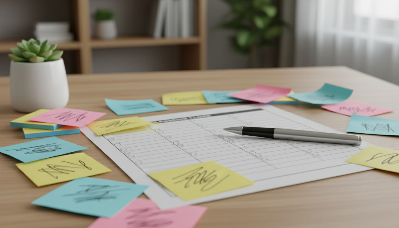 Photo Idea : close-up of a table with a printed feedback log, a pen, and color-coded sticky notes