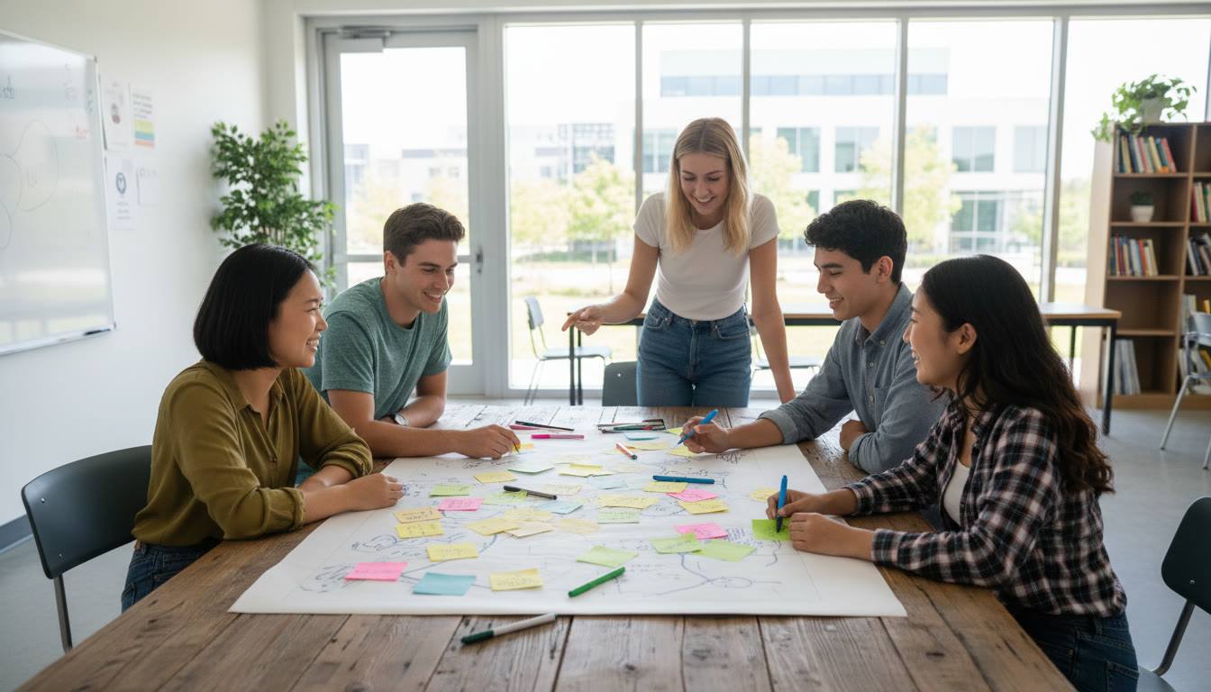 Photo Idea : Students mapping community needs on a large paper sheet with sticky notes and colored pens