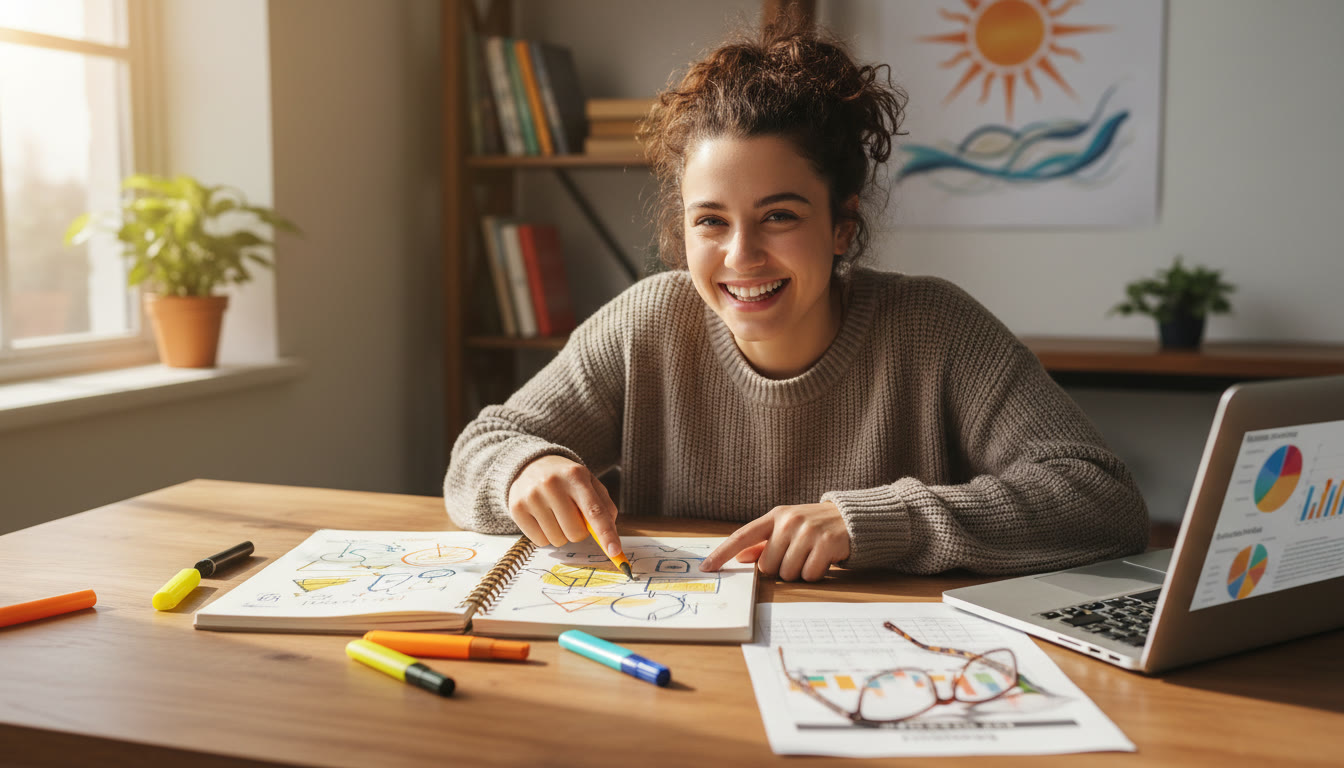 Photo Idea : Student at a desk with annotated draft, highlighter pens, and rubric beside a laptop