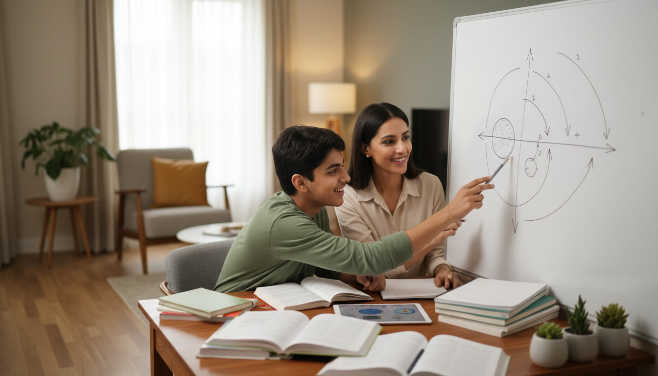 Photo Idea : A small group study scene with a tutor guiding a student through a physics diagram