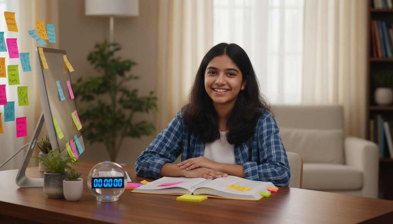 Photo Idea : Student at a study desk surrounded by colorful sticky notes and a timer, smiling confidently