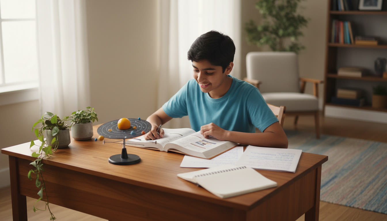 Photo Idea : A focused student at a desk with an open textbook, handwritten notes, a small model of the solar system, and a notebook labeled