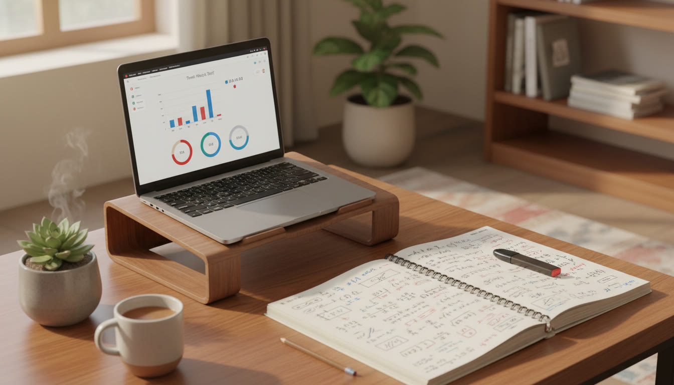 Photo Idea : Close-up of a student’s desk showing a timed mock test on a laptop and a dense, handwritten error-log notebook.