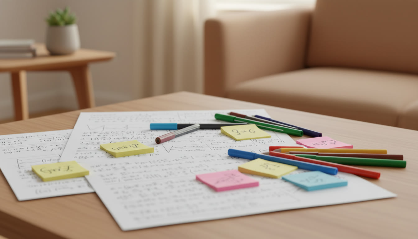 Photo Idea : Close-up of handwritten formula sheets, colored pens, and sticky notes used for quick revision