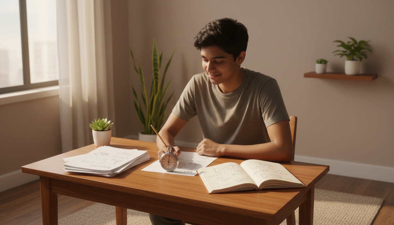 Photo Idea : Student taking a timed mock test at a desk with a stopwatch, question paper, and a neat error log notebook