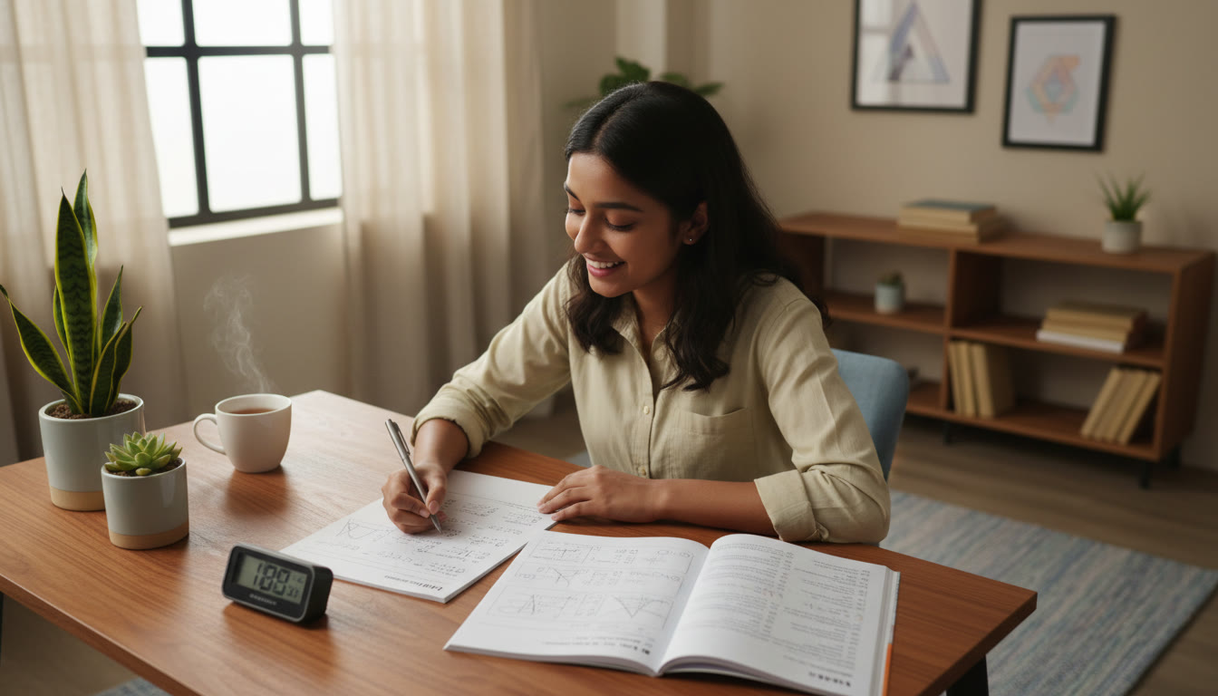 Photo Idea : A student sitting for a timed mock test with stopwatch and answer sheet on a desk