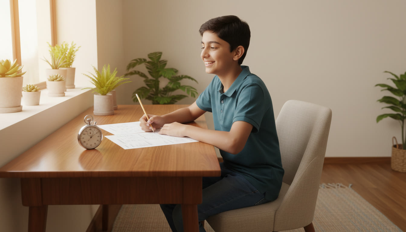 Photo Idea : A student sitting at a desk timing a practice test with a pencil and a paper mock exam, stopwatch visible
