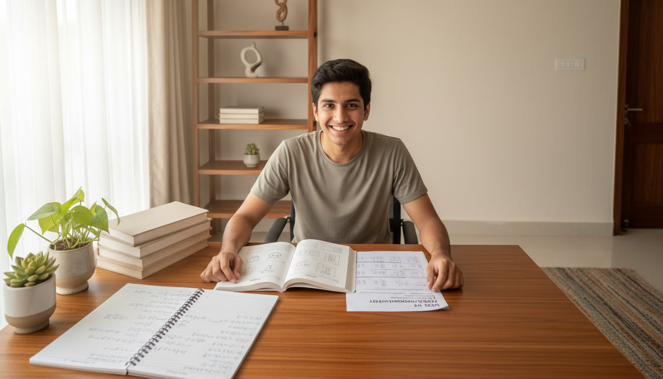 Photo Idea : Student at a desk comparing ICSE notebooks with a mock NEET paper and a notebook of formulas